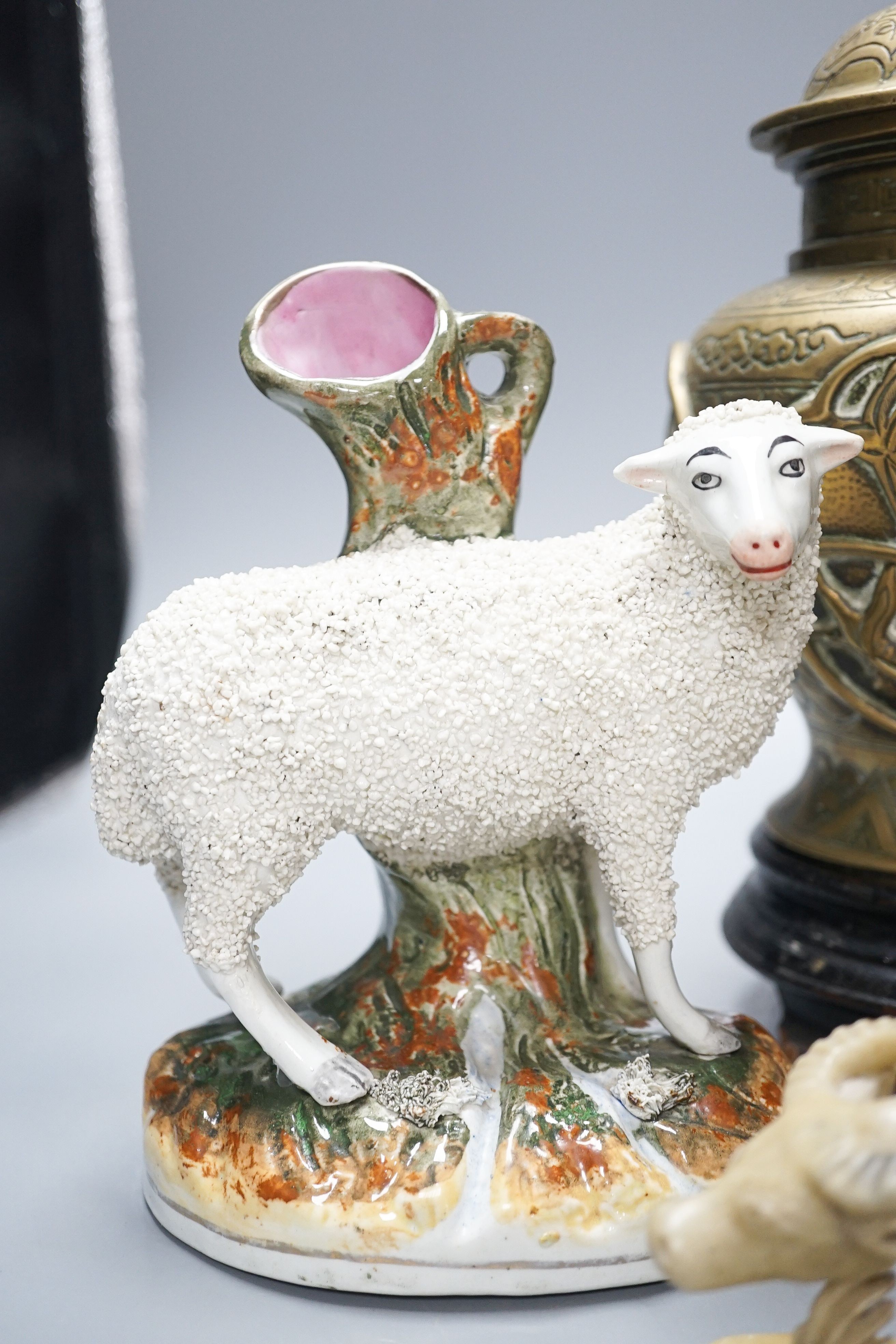 A Chinese bronze vase on stand, a soapstone figure of an ox and pair of Staffordshire sheep spill vases, 19cm